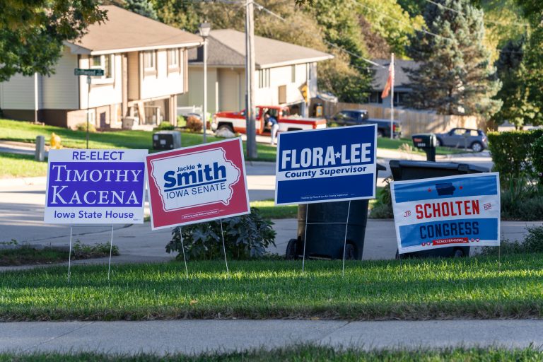 A suburban lawn has multiple political yard signs in it.